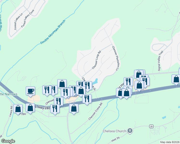 map of restaurants, bars, coffee shops, grocery stores, and more near 157 Chesser Reserve Drive in Chelsea
