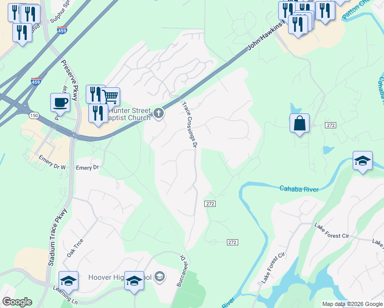 map of restaurants, bars, coffee shops, grocery stores, and more near 5218 Overland Trce in Birmingham