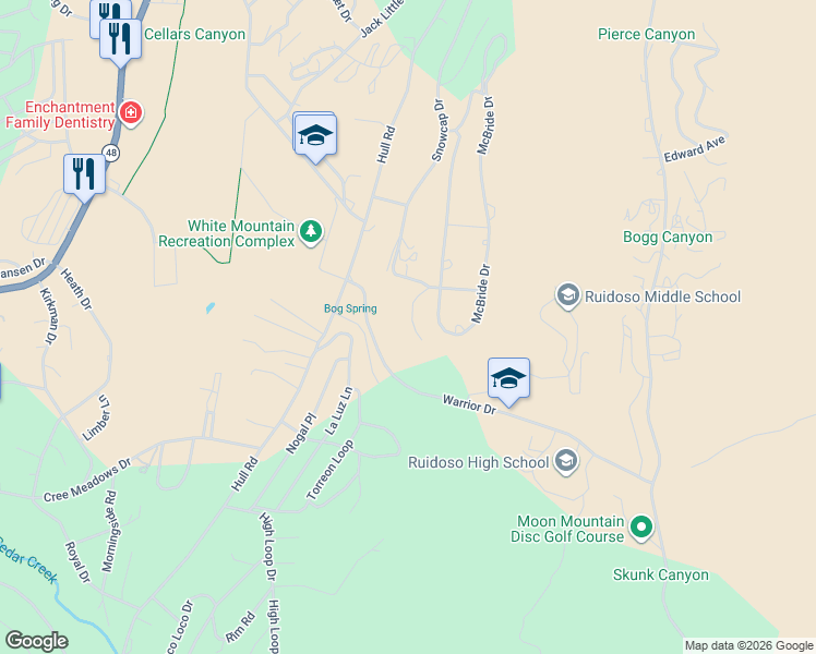 map of restaurants, bars, coffee shops, grocery stores, and more near 123 Warrior Drive in Ruidoso