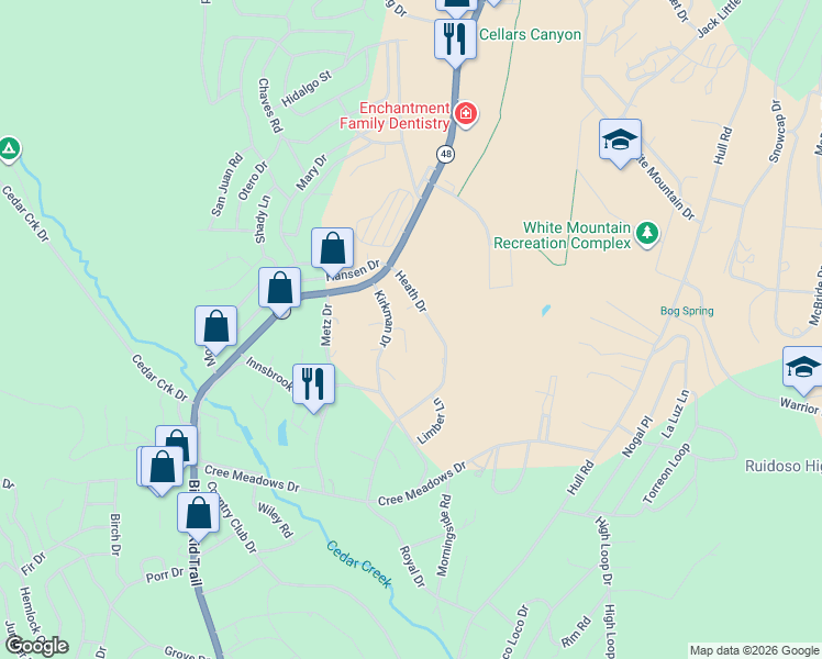 map of restaurants, bars, coffee shops, grocery stores, and more near 313 Heath Drive in Ruidoso