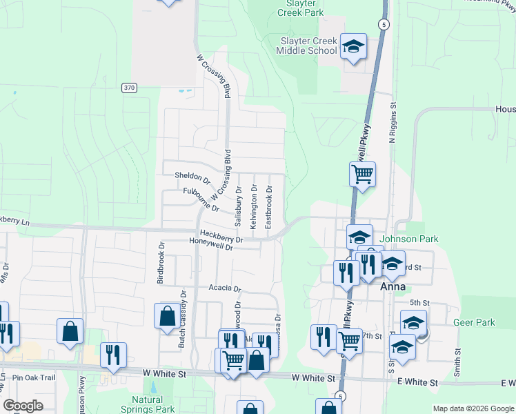 map of restaurants, bars, coffee shops, grocery stores, and more near 213 Eastbrook Drive in Anna