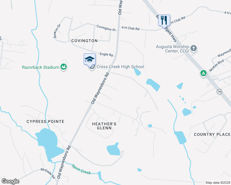 map of restaurants, bars, coffee shops, grocery stores, and more near 1711 Bethlehem Center Drive in Augusta