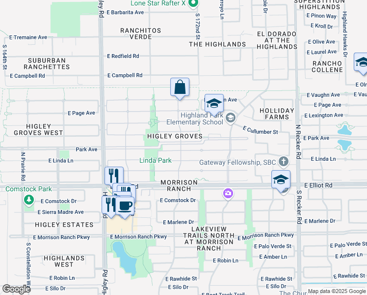 map of restaurants, bars, coffee shops, grocery stores, and more near 3528 East Bruce Avenue in Gilbert