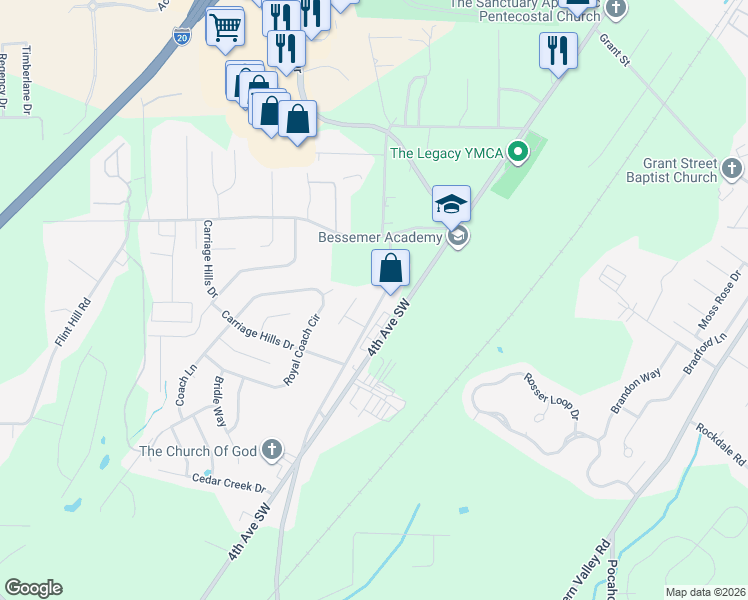 map of restaurants, bars, coffee shops, grocery stores, and more near 322 McCalla Road in Bessemer