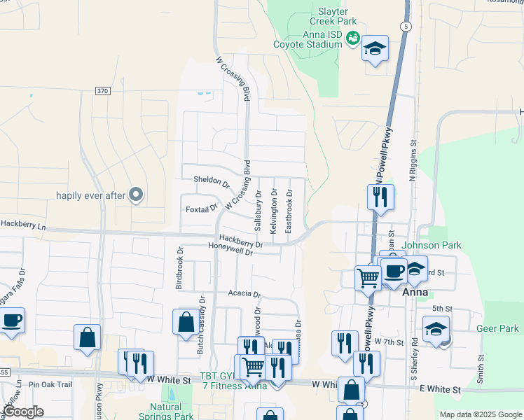 map of restaurants, bars, coffee shops, grocery stores, and more near 216 Salisbury Drive in Anna