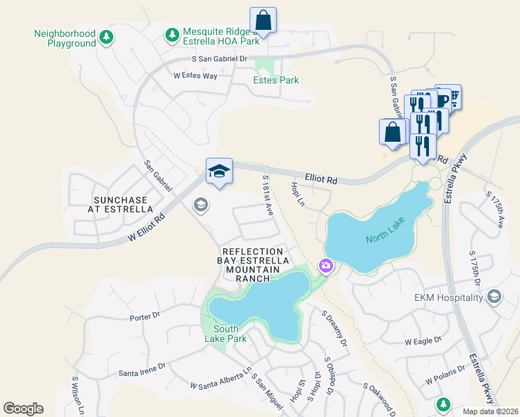 map of restaurants, bars, coffee shops, grocery stores, and more near 18144 West Desert Blossom Drive in Goodyear