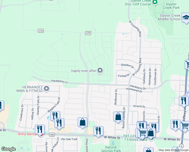 map of restaurants, bars, coffee shops, grocery stores, and more near 100 Copper Switch Drive in Anna