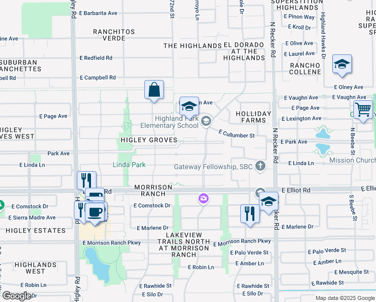 map of restaurants, bars, coffee shops, grocery stores, and more near 3624 East Linda Lane in Gilbert
