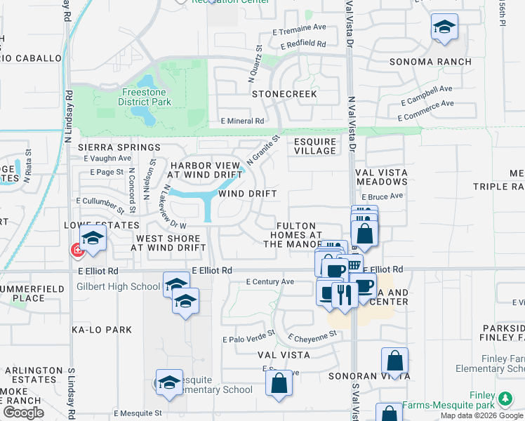 map of restaurants, bars, coffee shops, grocery stores, and more near 1301 East Park Avenue in Gilbert