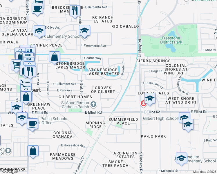 map of restaurants, bars, coffee shops, grocery stores, and more near 533 East Park Avenue in Gilbert