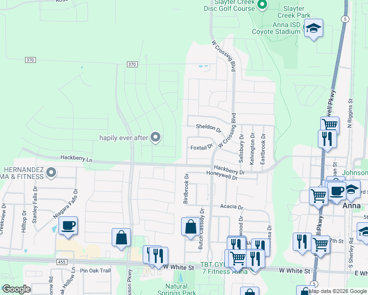 map of restaurants, bars, coffee shops, grocery stores, and more near 1136 Kingston Court in Anna