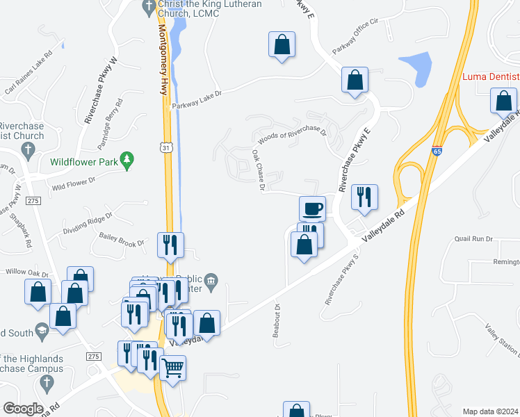 map of restaurants, bars, coffee shops, grocery stores, and more near 1166 Riverchase Trail in Birmingham