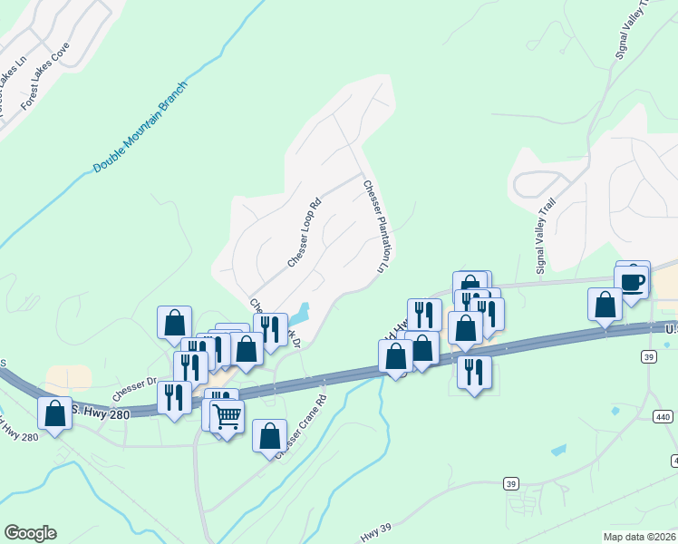 map of restaurants, bars, coffee shops, grocery stores, and more near 279 Chesser Plantation Lane in Chelsea