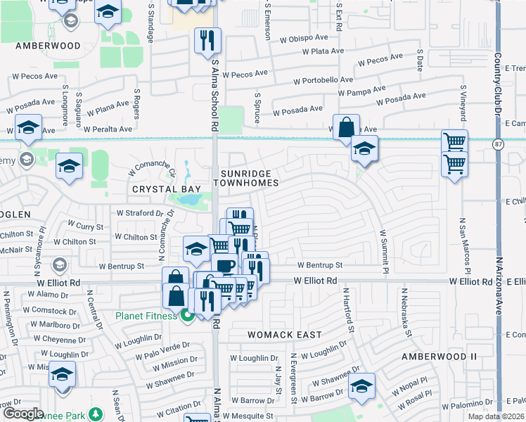 map of restaurants, bars, coffee shops, grocery stores, and more near 3223 North Pleasant Drive in Chandler