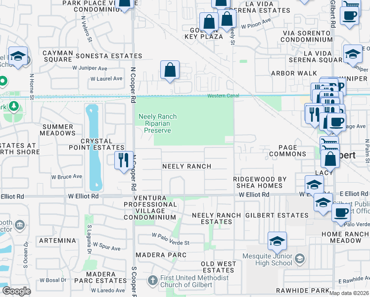 map of restaurants, bars, coffee shops, grocery stores, and more near 574 West Aviary Way in Gilbert