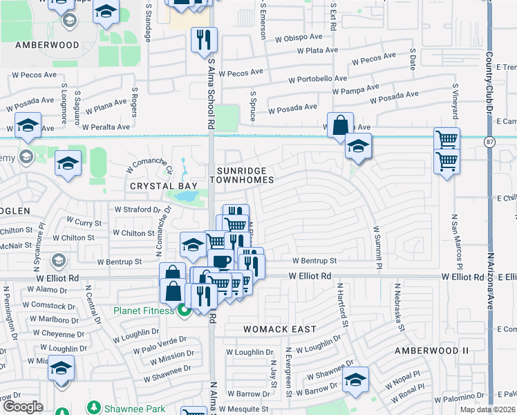 map of restaurants, bars, coffee shops, grocery stores, and more near 3223 North Pleasant Drive in Chandler