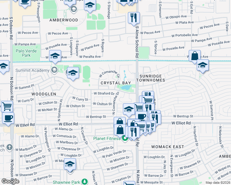 map of restaurants, bars, coffee shops, grocery stores, and more near 1204 West Boxelder Circle in Chandler