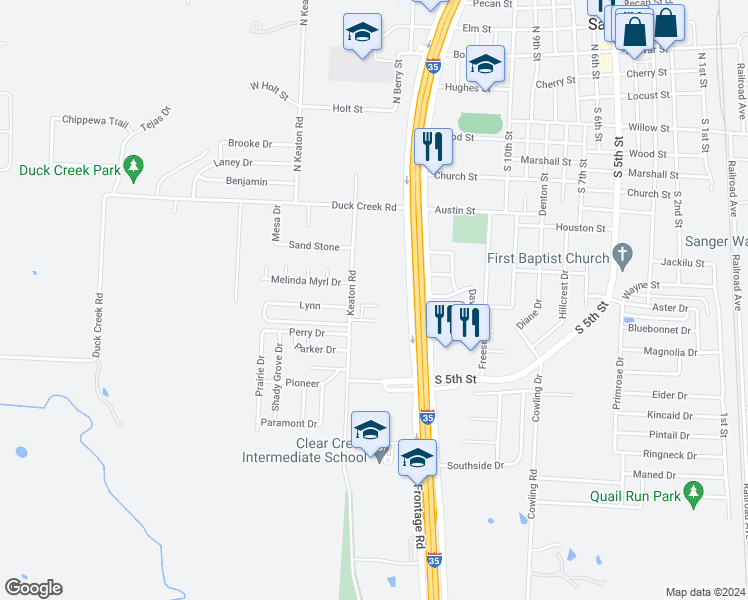 map of restaurants, bars, coffee shops, grocery stores, and more near 1603 Fairfield Circle in Sanger