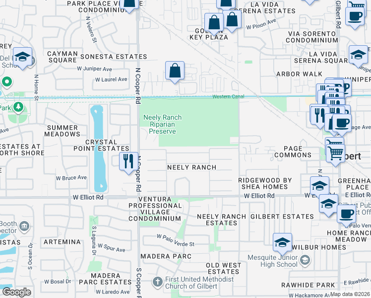 map of restaurants, bars, coffee shops, grocery stores, and more near 574 West Aviary Way in Gilbert