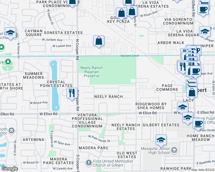 map of restaurants, bars, coffee shops, grocery stores, and more near 574 West Aviary Way in Gilbert