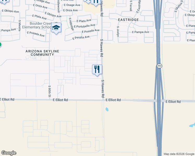 map of restaurants, bars, coffee shops, grocery stores, and more near 3326 South Hawes Road in Mesa