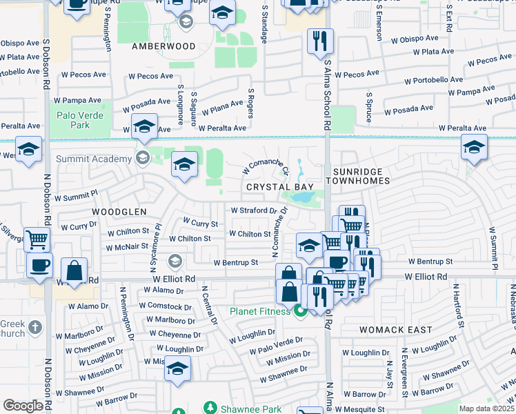 map of restaurants, bars, coffee shops, grocery stores, and more near 1243 West Boxelder Circle in Chandler