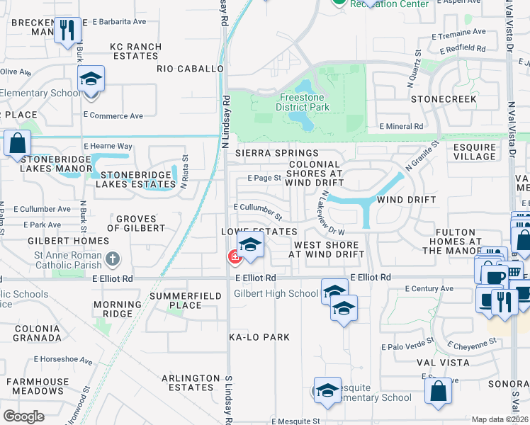 map of restaurants, bars, coffee shops, grocery stores, and more near 868 East Cullumber Street in Gilbert