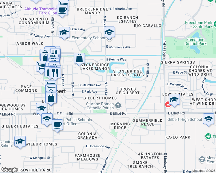 map of restaurants, bars, coffee shops, grocery stores, and more near 208 North Sierra Drive in Gilbert