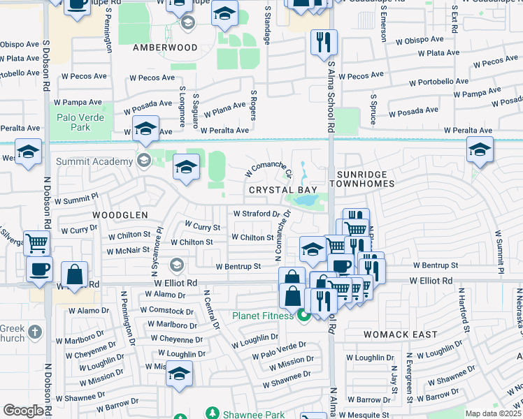 map of restaurants, bars, coffee shops, grocery stores, and more near 1243 West Boxelder Circle in Chandler