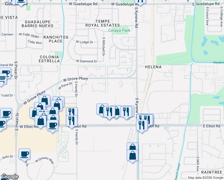map of restaurants, bars, coffee shops, grocery stores, and more near 701 West Grove Parkway in Tempe