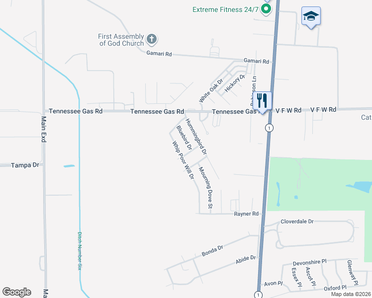 map of restaurants, bars, coffee shops, grocery stores, and more near 2365-2371 Bluebird Drive in Greenville