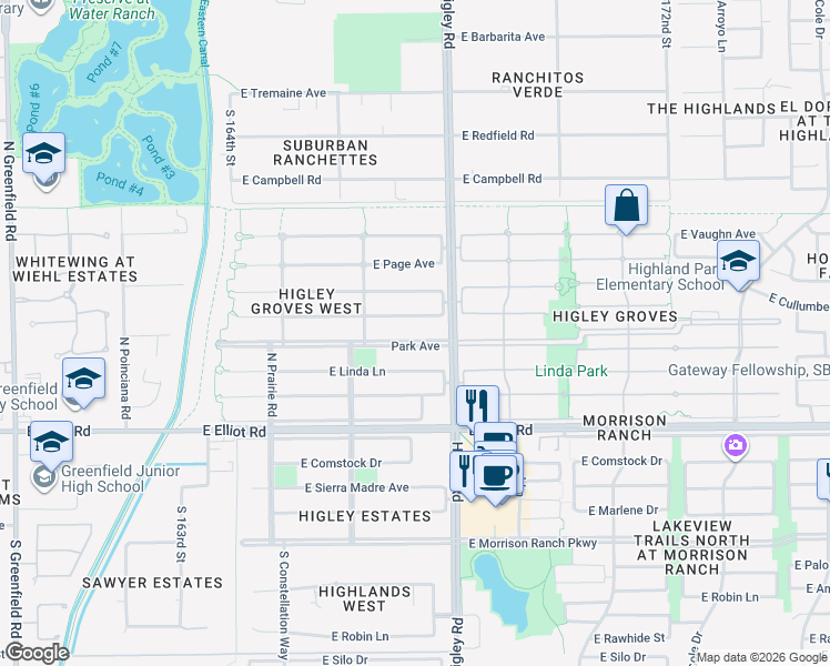 map of restaurants, bars, coffee shops, grocery stores, and more near 3130 East Park Avenue in Gilbert