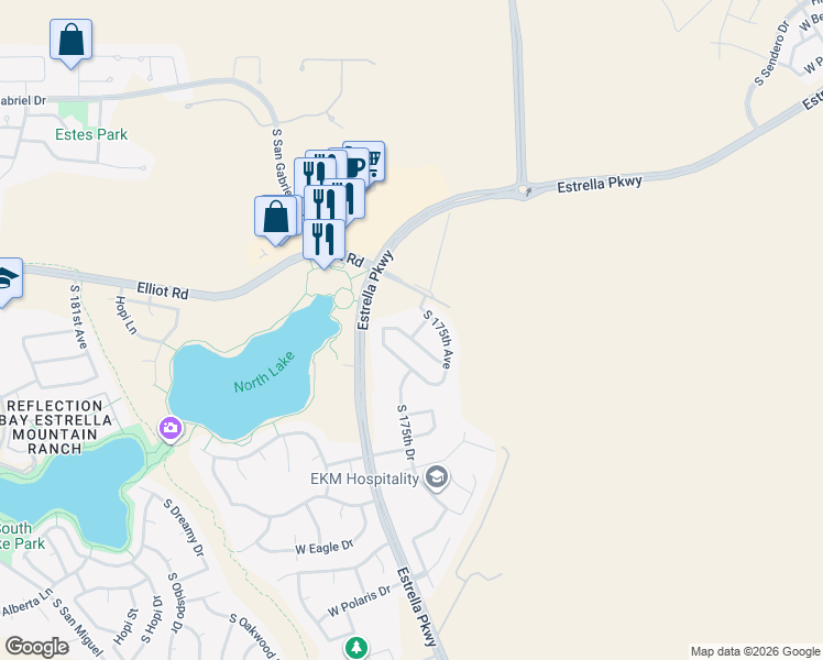 map of restaurants, bars, coffee shops, grocery stores, and more near 10218 South 175th Drive in Goodyear