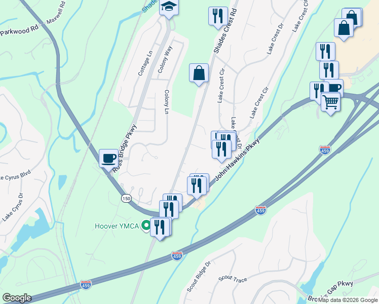 map of restaurants, bars, coffee shops, grocery stores, and more near 106 Pine Cliff Circle in Birmingham