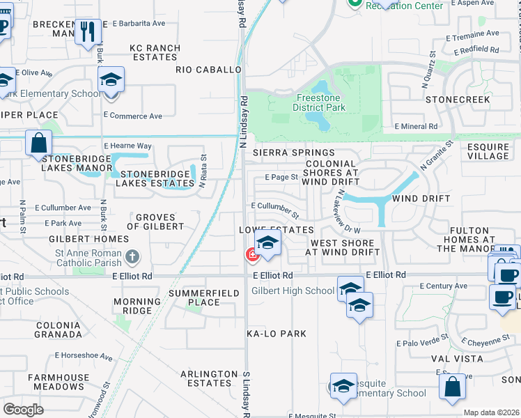 map of restaurants, bars, coffee shops, grocery stores, and more near 210 North Heritage Drive in Gilbert