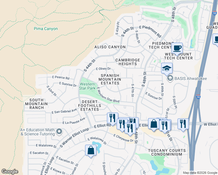 map of restaurants, bars, coffee shops, grocery stores, and more near 10210 South 45th Place in Phoenix