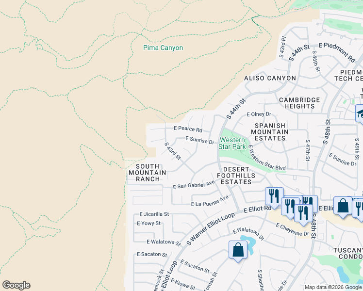 map of restaurants, bars, coffee shops, grocery stores, and more near 4327 East Sunrise Drive in Phoenix