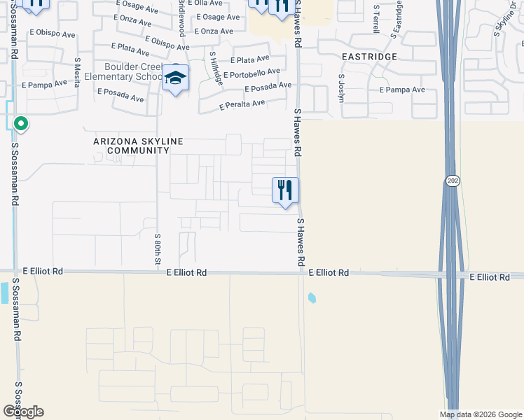 map of restaurants, bars, coffee shops, grocery stores, and more near 3442 South Hawes Road in Mesa