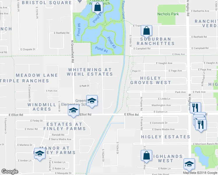 map of restaurants, bars, coffee shops, grocery stores, and more near 2626 East Park Avenue in Gilbert