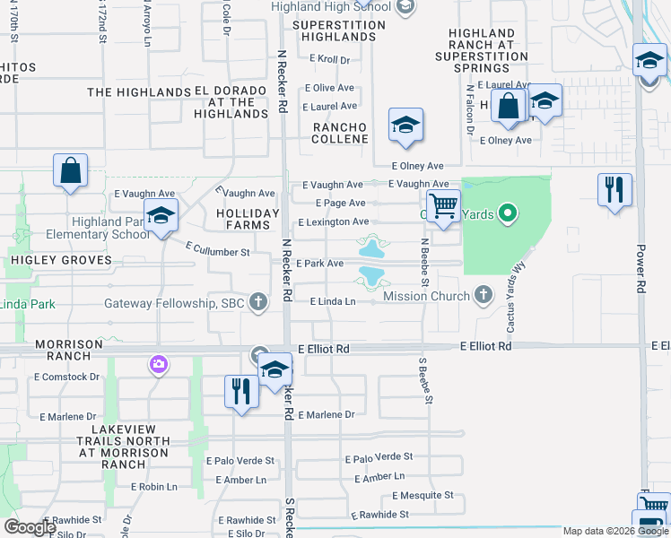 map of restaurants, bars, coffee shops, grocery stores, and more near 4102 East Park Avenue in Gilbert