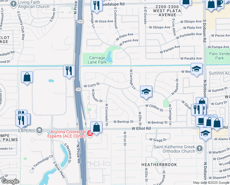 map of restaurants, bars, coffee shops, grocery stores, and more near 2609 West Curry Street in Chandler