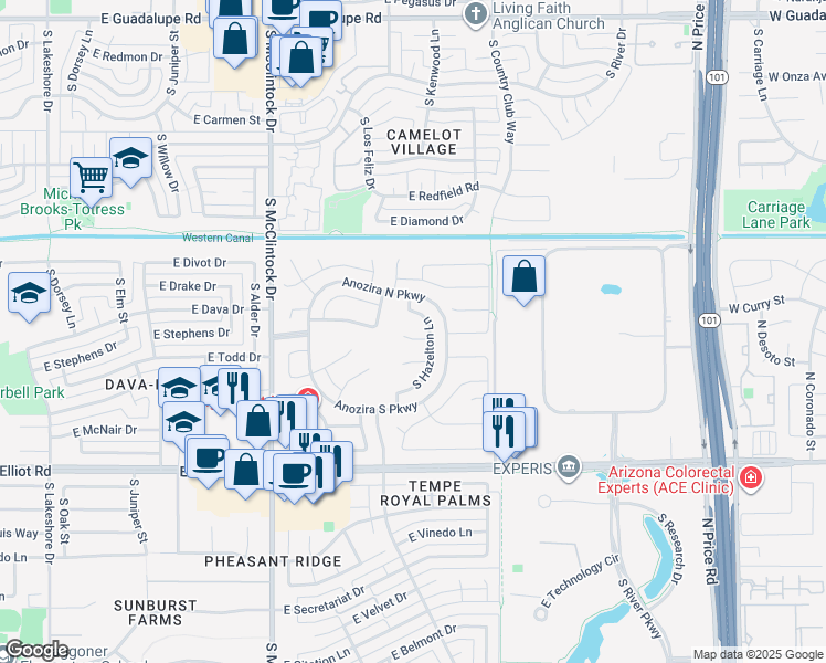 map of restaurants, bars, coffee shops, grocery stores, and more near 7202 South Hazelton Lane in Tempe