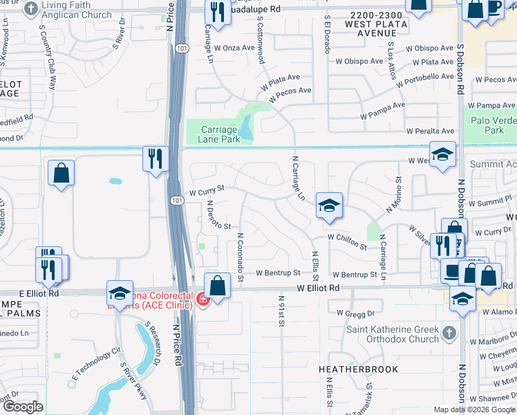 map of restaurants, bars, coffee shops, grocery stores, and more near 2609 West Curry Street in Chandler