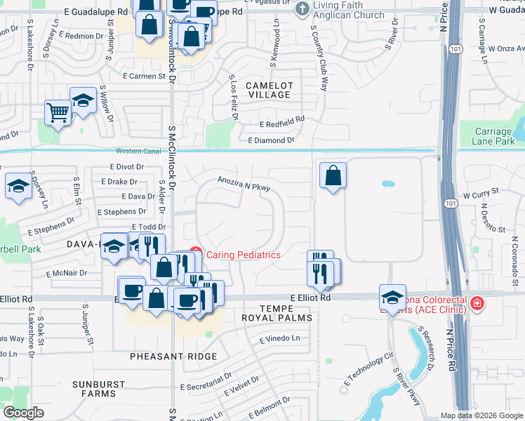 map of restaurants, bars, coffee shops, grocery stores, and more near 7202 South Hazelton Lane in Tempe