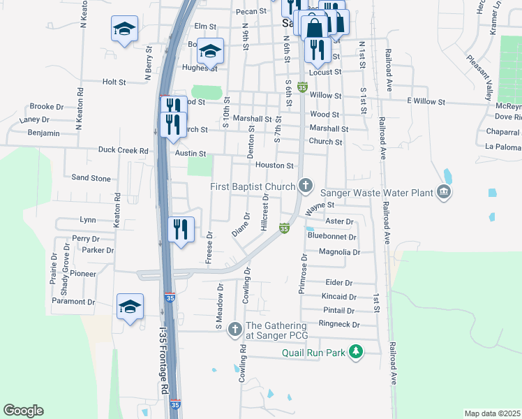 map of restaurants, bars, coffee shops, grocery stores, and more near 201 Hillcrest Drive in Sanger