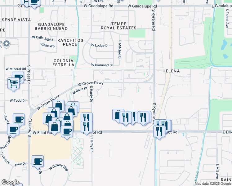 map of restaurants, bars, coffee shops, grocery stores, and more near 909 West Grove Parkway in Tempe