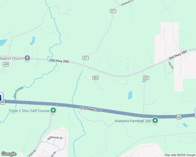 map of restaurants, bars, coffee shops, grocery stores, and more near 91 County Road 453 in Sterrett