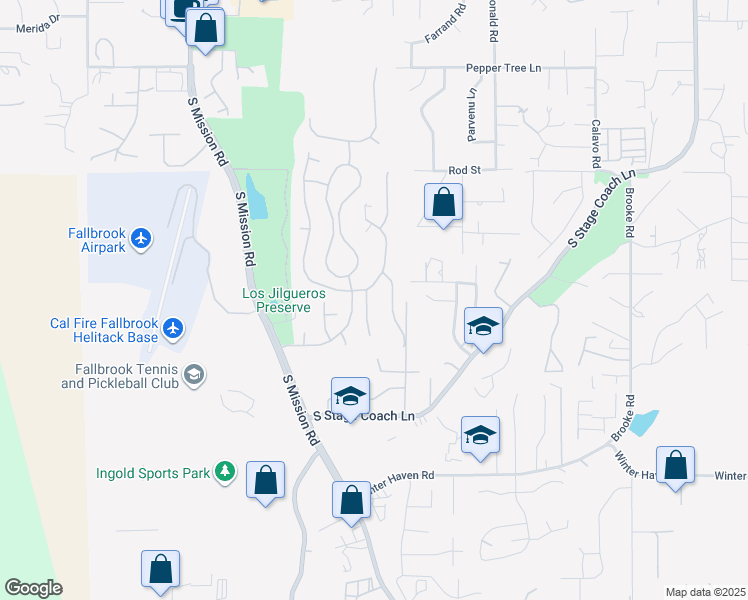map of restaurants, bars, coffee shops, grocery stores, and more near 2116 Kirkcaldy Road in Fallbrook