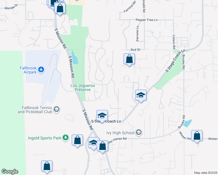 map of restaurants, bars, coffee shops, grocery stores, and more near 2104 Kirkcaldy Road in Fallbrook