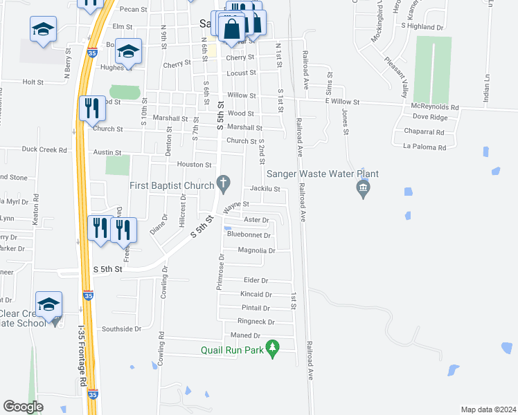 map of restaurants, bars, coffee shops, grocery stores, and more near 200 Wayne Street in Sanger